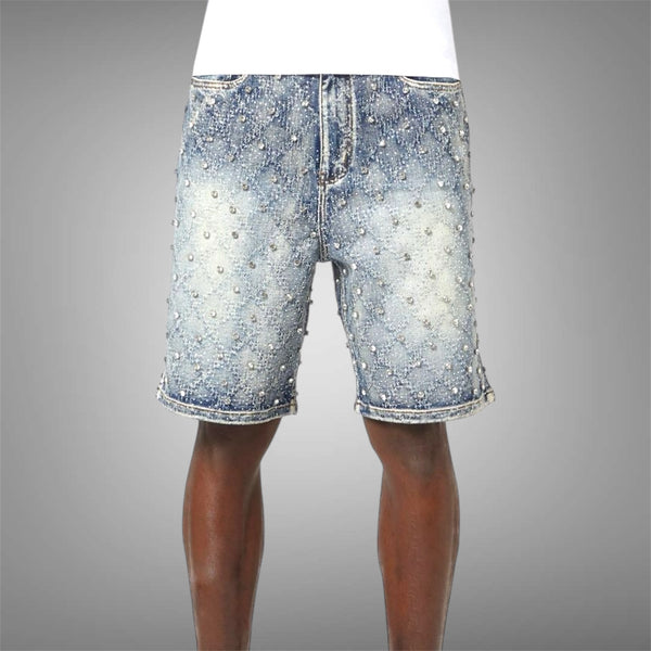 Guapi Aqua Blue Embellished Denim Shorts Blue