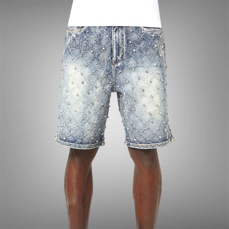 Guapi Aqua Blue Embellished Denim Shorts Blue