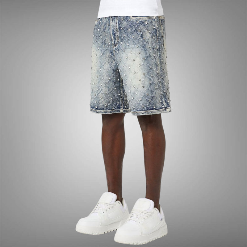 Guapi Aqua Blue Embellished Denim Shorts Blue