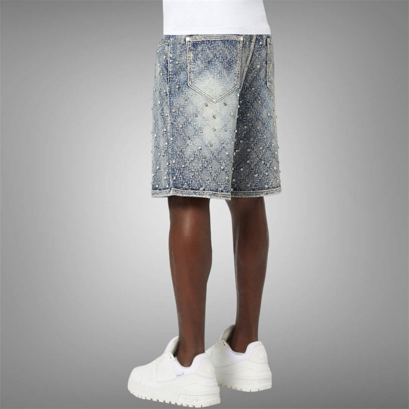 Guapi Aqua Blue Embellished Denim Shorts Blue