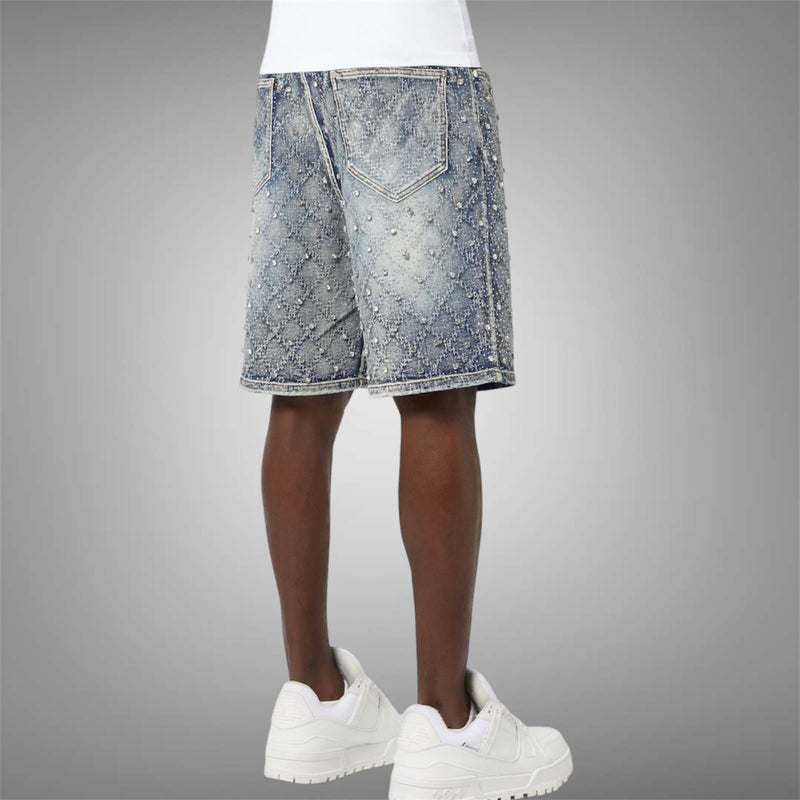Guapi Aqua Blue Embellished Denim Shorts Blue