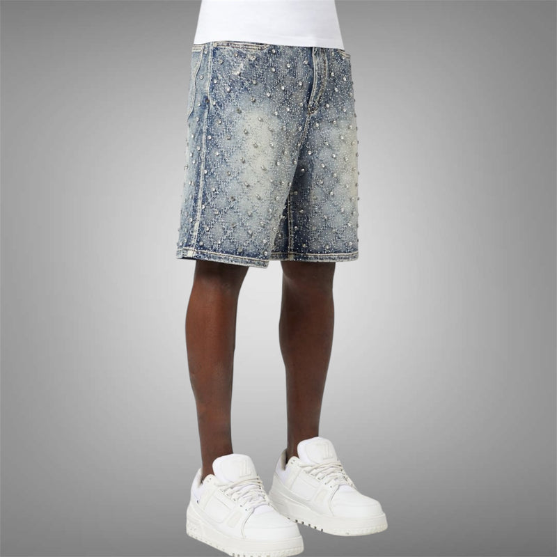 Guapi Aqua Blue Embellished Denim Shorts Blue